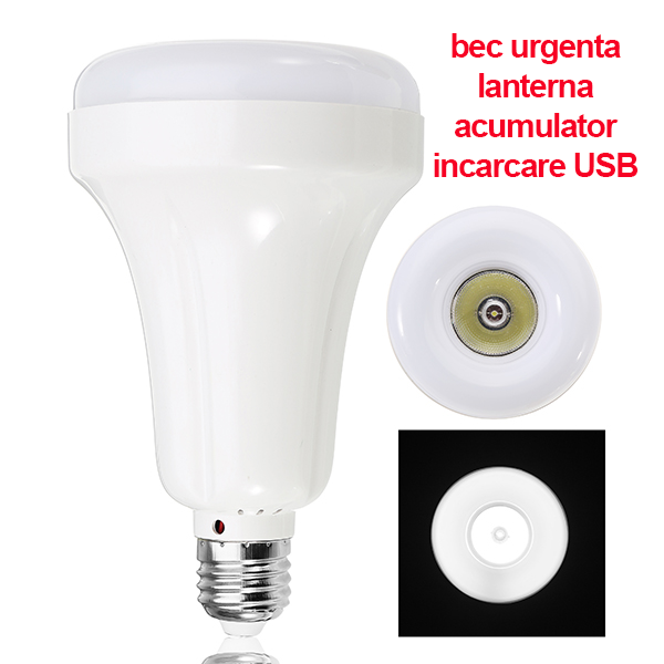 Bec inteligent cu acumulator, lanterna si lampa de urgenta, 15W, incarcare USB-Powerbank, alb rece